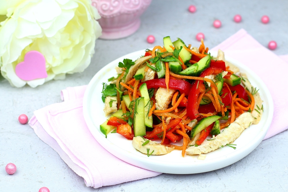 Салат с куриной грудкой, огурцом и болгарским перцем: рецепт пошаговый с фото.</p>
<p>| Меню недели